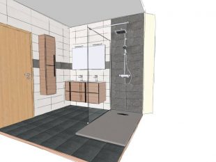 Salle de bain Partedis - Une salle de bain en gris et bois avec double vasque esquisse
